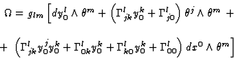 \begin{displaymath}
\begin{array}{r}
\Omega = g_{lm} \left[ dy^{l}_{0} \wedge
\t...
...mma^{l}_{00}
\right)
dx^{0}\wedge\theta^{m}
\right]
\end{array}\end{displaymath}